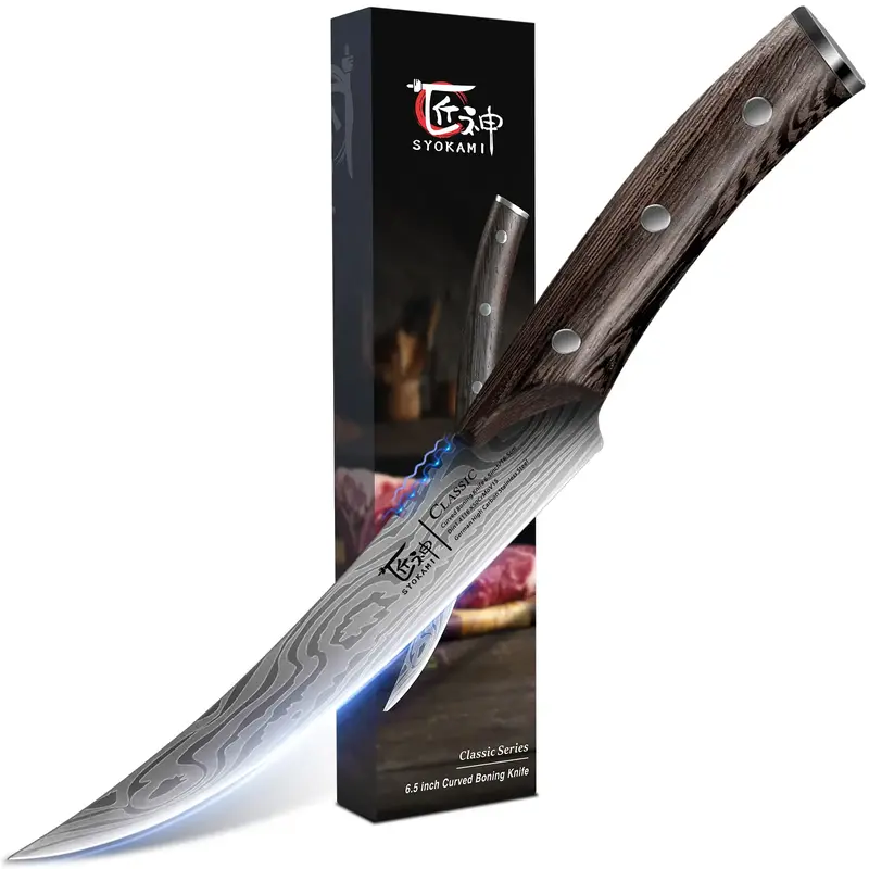 SYOKAMI Boning Knife for Meat Cutting, 6.5 Inch Fish Fillet Knife with Wood Handle, High Carbon Razor Sharp Curved Blade Debo...