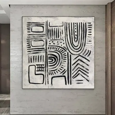 Modern Black And White Painting on Canvas Eclectic Wall Art Black and White Symbols Painting Contemporary Art Commission Artw...