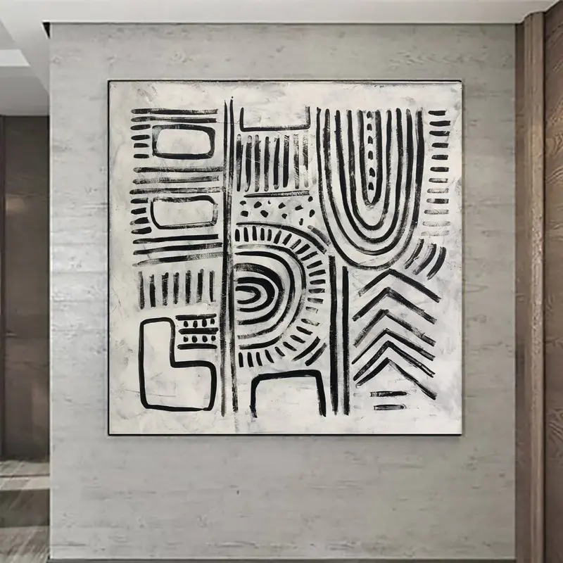 Modern Black And White Painting on Canvas Eclectic Wall Art Black and White Symbols Painting Contemporary Art Commission Artw...