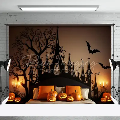 Pumpkin Black Tree Halloween Headboard Backdrop - Aperturee