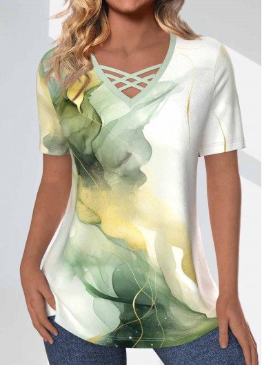 Modlily Sage Green Criss Cross Marble Print T Shirt - XL