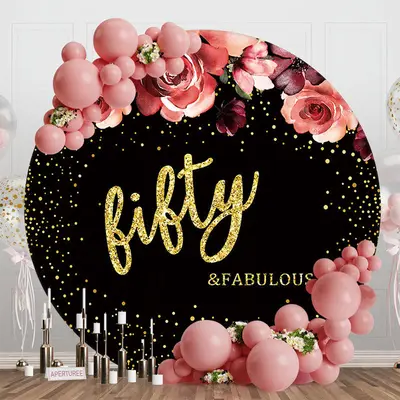 Floral Black Golden Round 50th Birthday Backdrop - Aperturee
