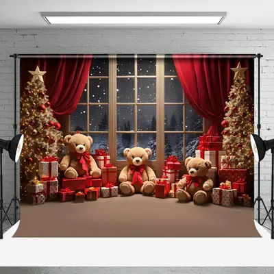 Aperturee Gift Teddy Bear Tree Window Night Snow Xmas Backdrop