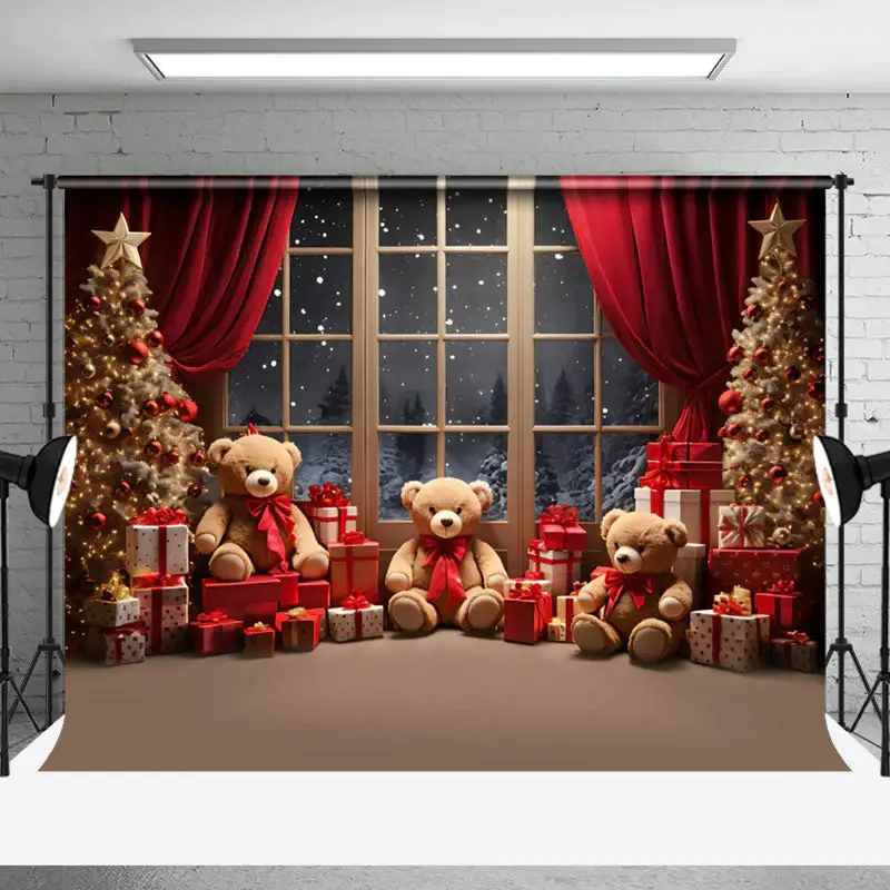 Aperturee Gift Teddy Bear Tree Window Night Snow Xmas Backdrop