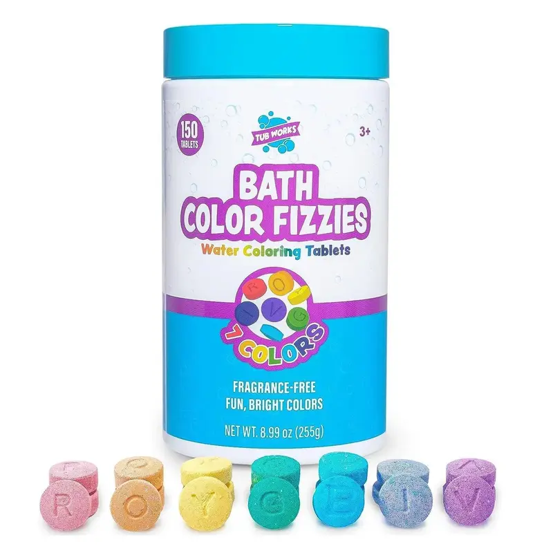 Tub Works Bath Color Fizzies 150 Count Non-Toxic Fragrance-Free Tablets for Kids Fun Baths 7 Vibrant Colors for Creative Bath...