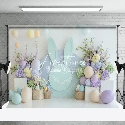 Aperturee Bunny Ear Wall Floral Balloons Easter Photo Backdrop, 3X2FT(1MX0.6M), 14 USD, easter backdrops, ENHD3J22-M