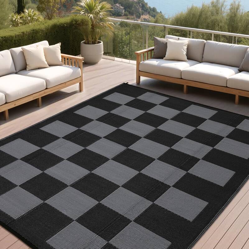 Garvee Large Waterproof Outdoor Rug 9x18 - Reversible Checkered, UV-Resistant Plastic Straw, Lightweight Portable with Stakes...