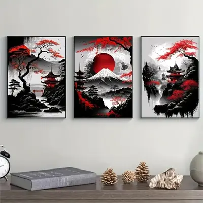 Comic Chinese Landscape Pattern Canvas Painting without Frame (3pcs/set), Vintage Ink Art Wall Art Print for Living Room Bedr...