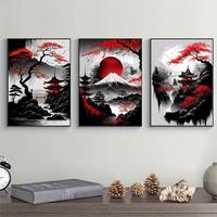 Comic Chinese Landscape Pattern Canvas Painting without Frame (3pcs/set), Vintage Ink Art Wall Art Print for Living Room Bedr...