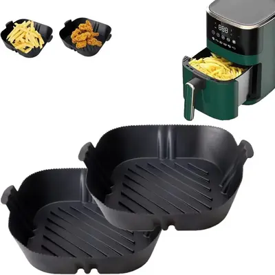 Square Silicone Air Fryer Liner with Handle, 2 Counts Reusable Heat Resistant Air Fryer Pot, Air Fryer Accessories for Home K...