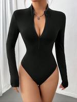 Women's Solid Long Sleeve Zip Front Bodysuit, Regular Fit Comfort Basic Minimalist Casual Stand Collar Bodysuit for Spring, L...