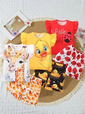 Summer Girls Colorful Cartoon Animal Print Ruffle Short Sleeve 3 Piece Set, Casual Fitted for Kids,  Summer Clothing Set