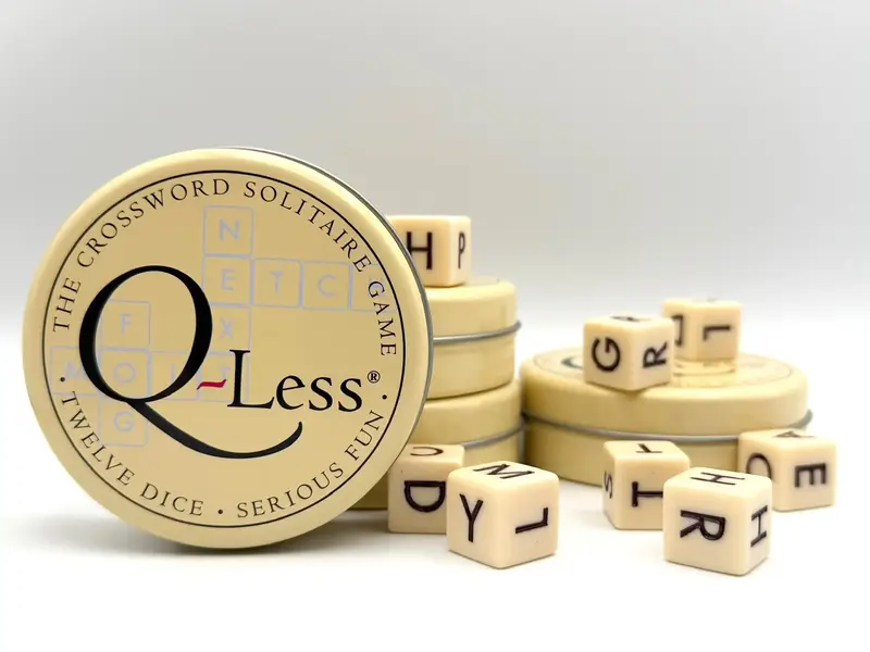 Q-Less Crossword Solitaire Dice Word Game Play Fun