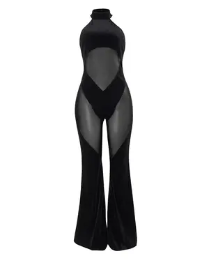 Women's Sheer Flare Leg Halter Neck Tulle Jumpsuit, Solid Elegance Sleeveless Drop Waist Jumpsuit for Summer, Casual Skinny F...