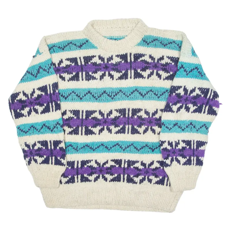 Mens Patterned Jumper Cream Geometric High Neck Chunky Knit 2XL