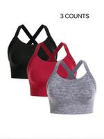 Plus Size Solid Criss Cross Backless Sports Bra, Sporty Breathable Comfortable Bra for Yoga Gym Workout Exercise, Women's Plu...