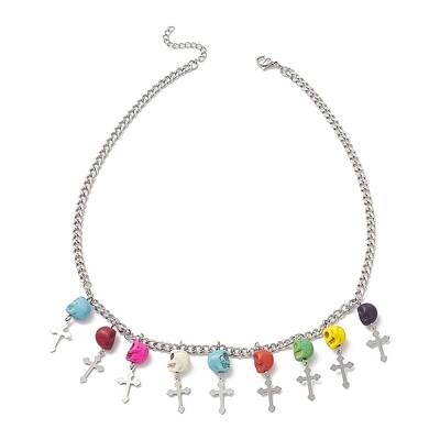 Dyed Synthetic Turquoise Skull with Cross Bib Necklace