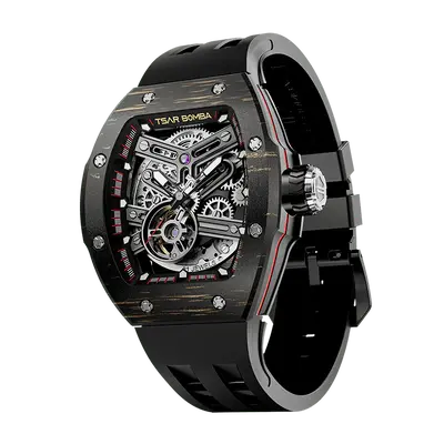 TSAR BOMBA Men's Automatic Skeleton Watch | Interchangeable Luxury Design | Gold | Atomic TB8218 | Carbon Fiber