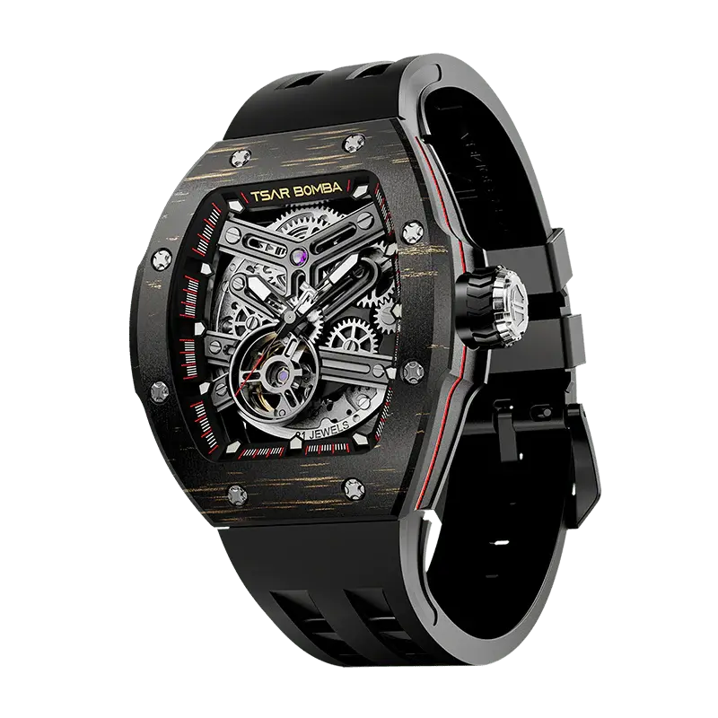 TSAR BOMBA Men's Automatic Skeleton Watch | Interchangeable Luxury Design | Gold | Atomic TB8218 | Carbon Fiber