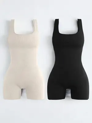 Women's Solid Square Neck Sports Romper, Casual Seamless Sleeveless Bodycon Romper for Yoga Gym Workout, Ladies Leotard Sport...