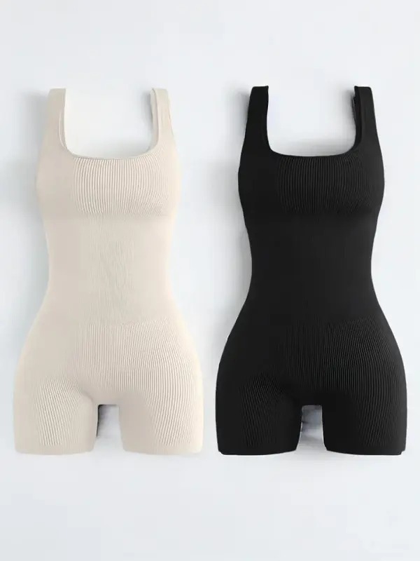 Women's Solid Square Neck Sports Romper, Casual Seamless Sleeveless Bodycon Romper for Yoga Gym Workout, Ladies Leotard Sport...