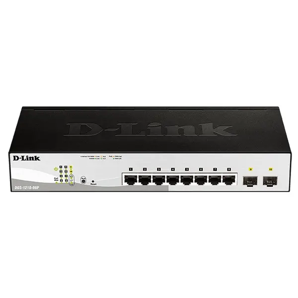 DGS-1210-08P D-Link DES-1210 Series 8 x 10/100/1000Base-T RJ-45 PoE and 2 x SFP (mini-GBIC) Ports Layer 2 Gigabit Ethernet Sw...