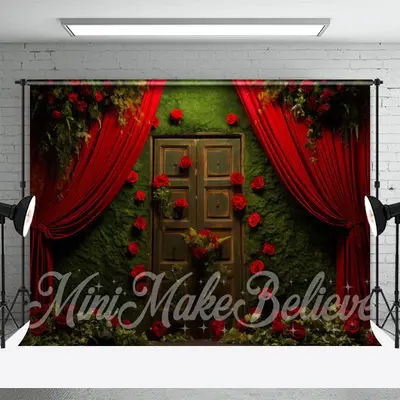 Retro Moss Wood Door Red Rose Curtain Photo Backdrop - Aperturee