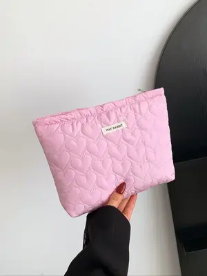 Fashion Solid Color Letter Patched Design Heart Quilted Zipper Cute Makeup Bag Organizer, Portable Travel Cosmetic Storage Ba...