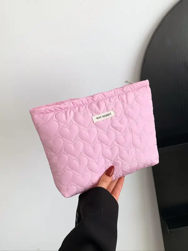 Fashion Solid Color Letter Patched Design Heart Quilted Zipper Cute Makeup Bag Organizer, Portable Travel Cosmetic Storage Ba...
