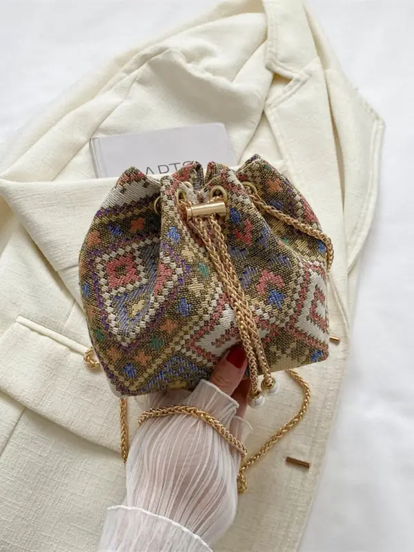 Women's 1 Piece Geometric Pattern Drawstring Chain Bucket Bag, Boho Style Faux Pearl Decorated Crossbody Bag, All-match Commu...