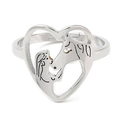 Non-Tarnish 304 Stainless Steel Heart with Horse Adjustable Ring for Women