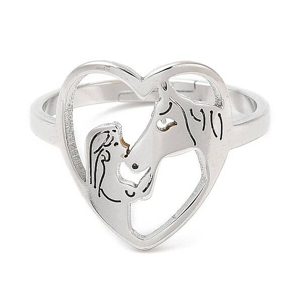 Non-Tarnish 304 Stainless Steel Heart with Horse Adjustable Ring for Women