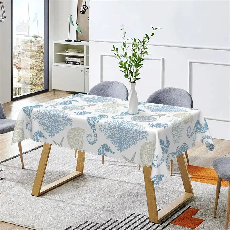 Blue Seahorse Coral Conch Prints Rectangle Tablecloth - Aperturee