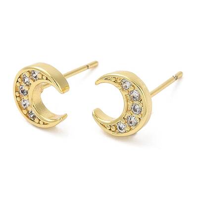 Rack Plating Brass Crescent Moon Stud Earrings with Cubic Zirconia