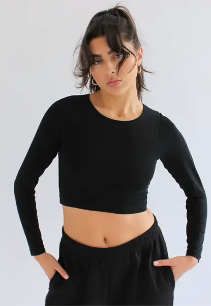 Organic Cotton Crew Long Sleeve Cropped T-Shirt, Black | Size: XS
