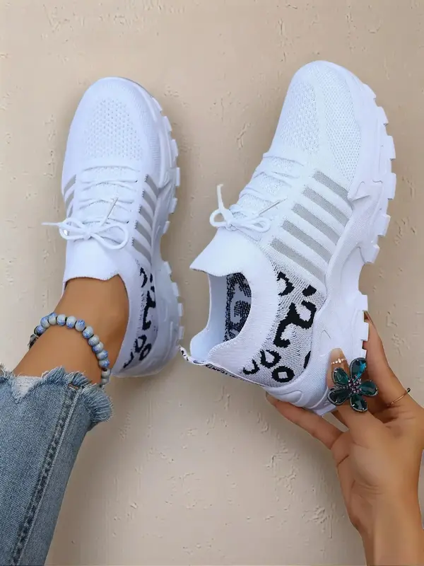 Women's Fashion Leopard Print Lace Up Low Top Sneakers, Casual Comfortable Sporty Running Shoes, Female All-match Round Toe T...