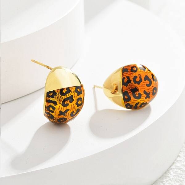 Leopard Print Brass Enamel Stud Earrings for Women