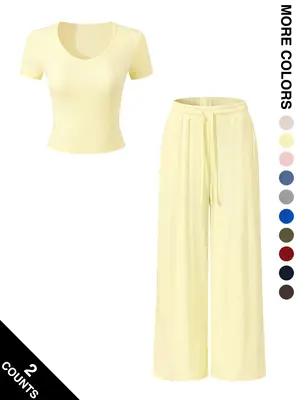 Two-Piece Set Women's Solid Ribbed Crop Tee & Wide Leg Pants Set, Casual Comfy Short Sleeve Top & Trousers for Daily Wear, La...