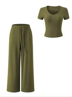 Two-piece Set Women's Solid Ribbed Crop Tee & Wide Leg Pants Set, Casual Comfy Short Sleeve Top & Trousers for Daily Wear, La...