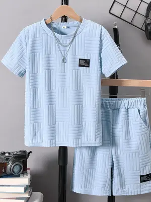 Two-piece Set Boy's Letter Patched Short Sleeve Tee & Shorts, Casual Round Neck T-shirt & Elastic Waist Shorts, Summer Clothe...