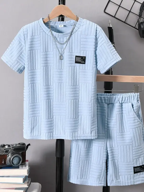 Two-piece Set Boy's Letter Patched Short Sleeve Tee & Shorts, Casual Round Neck T-shirt & Elastic Waist Shorts, Summer Clothe...