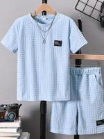 Two-piece Set Boy's Letter Patched Short Sleeve Tee & Shorts, Casual Round Neck T-shirt & Elastic Waist Shorts, Summer Clothe...