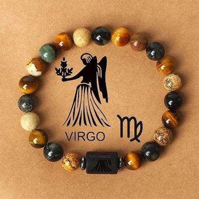 12 Constellations Natural Tiger Eye & Picture Jasper Round Beaded Stretch Bracelets for Men Women