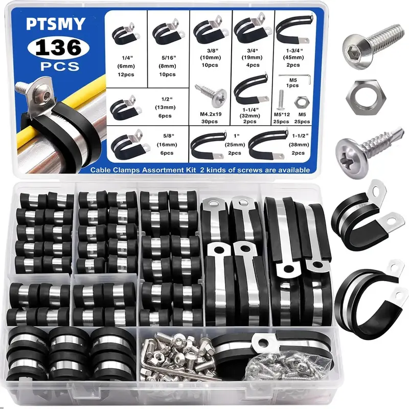 136PCS Cable Clamps Assortment Kit 304 Stainless Steel Rubber Cushion Pipe Clamps 10 Sizes 1/4\