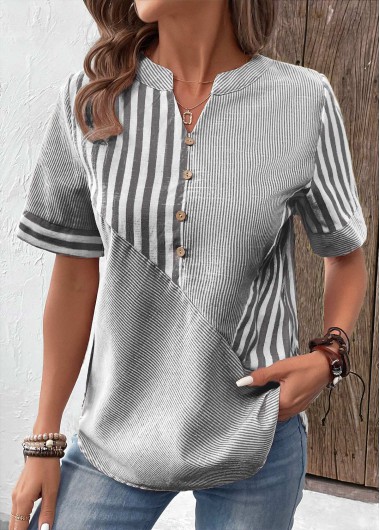 Modlily Grey Patchwork Striped Short Sleeve Split Neck Blouse - XXL