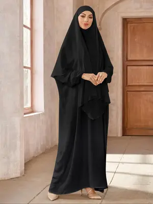 Women's Solid Color Long Sleeve Arabian Dress with Hijab, Modest Casual Two-piece Outfit for Daily Wear, Dresses for Women, ...