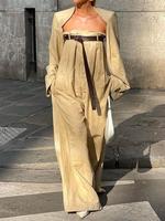 Women's Solid Coat & Jumpsuit with Belt Set, Casual Long Sleeve Coat & Jumpsuit, Ladies Clothes for All Seasons, Formal Women...