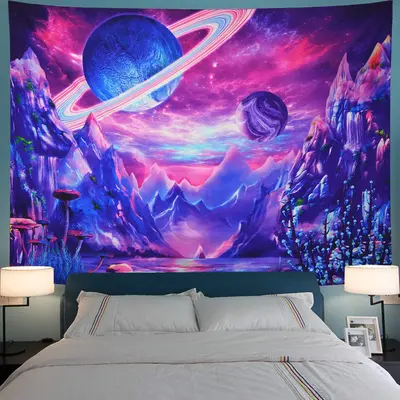 UV Blacklight Mushroom Planet Tapestry for Living Room Decor