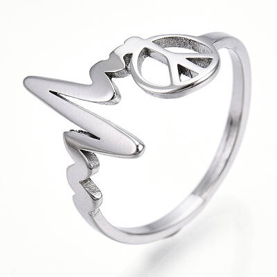 Non-Tarnish 304 Stainless Steel Heart Bit with Peace Sign Adjustable Ring