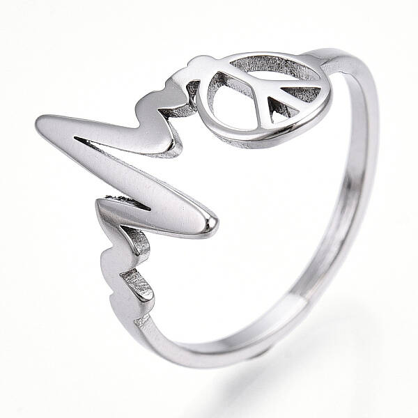 Non-Tarnish 304 Stainless Steel Heart Bit with Peace Sign Adjustable Ring